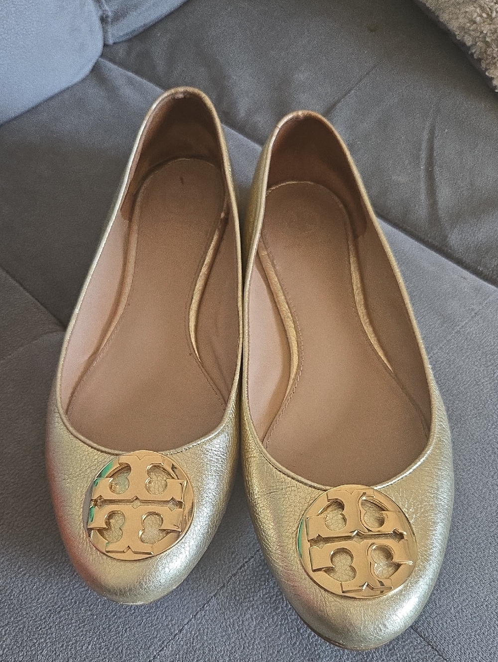 Tory Burch Metallic Gold Leather Ballet Flats with Logo Medallion